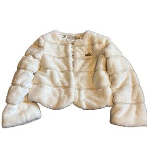 Disney Princess Jacket White Faux Fur Fuzzy Gold Metal Crown 7/8 Fancy Dress Up
